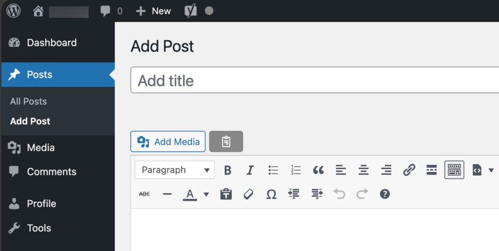Media option visible in left pane, Add media button now visible in post editor.