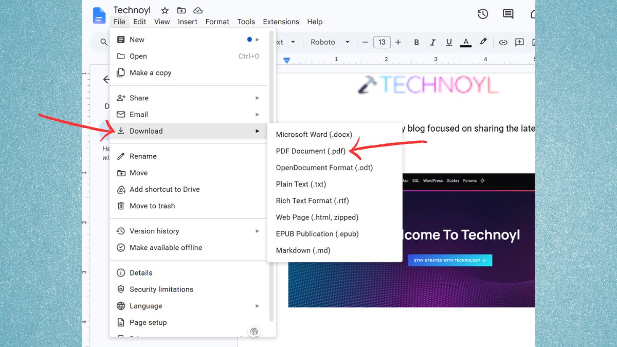 Download as PDF in Google docs