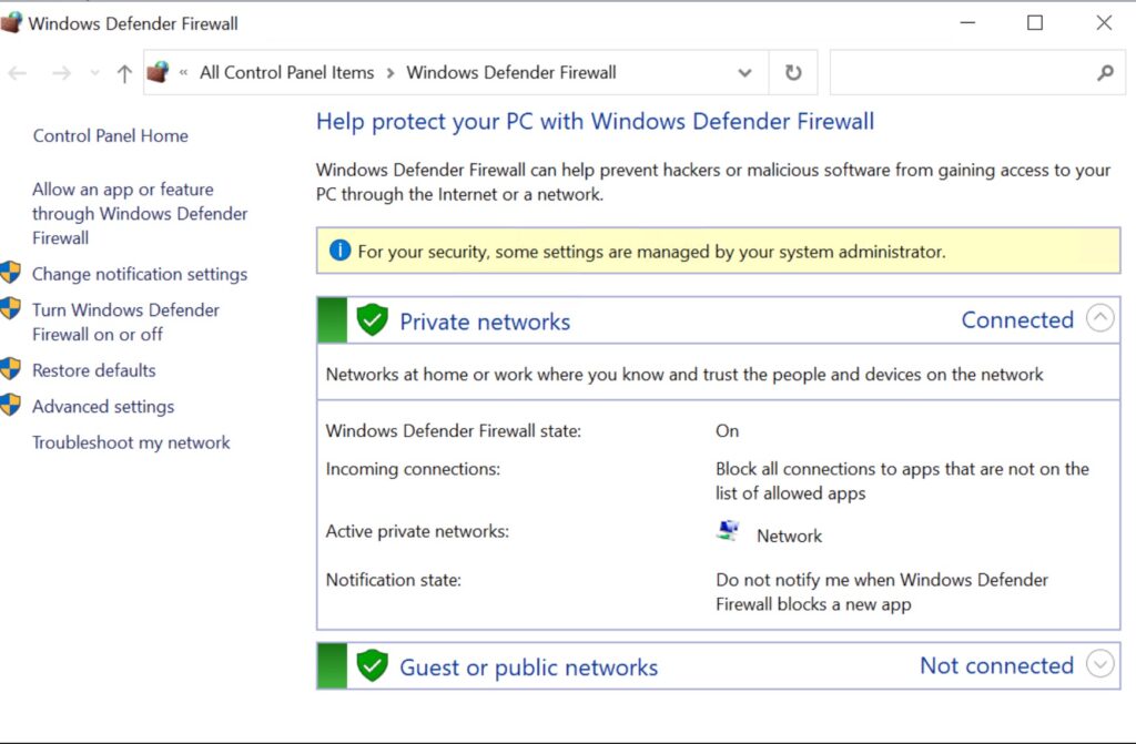 disable the Windows Defender Firewall Using Control Panel