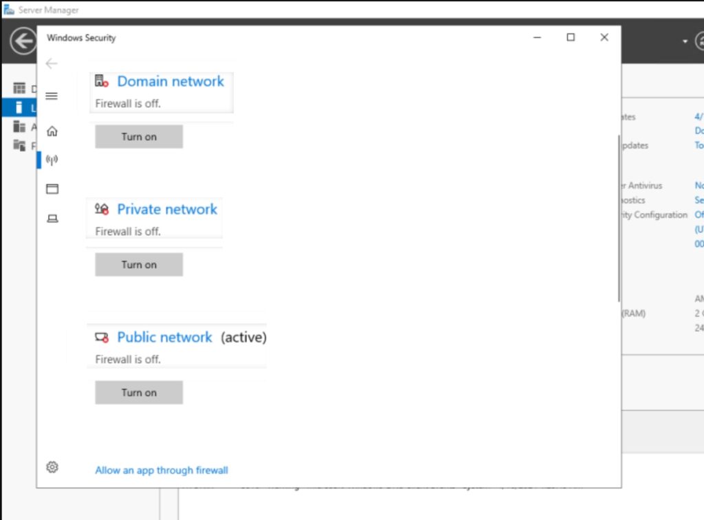 turn off Windows Firewall using Server Manager