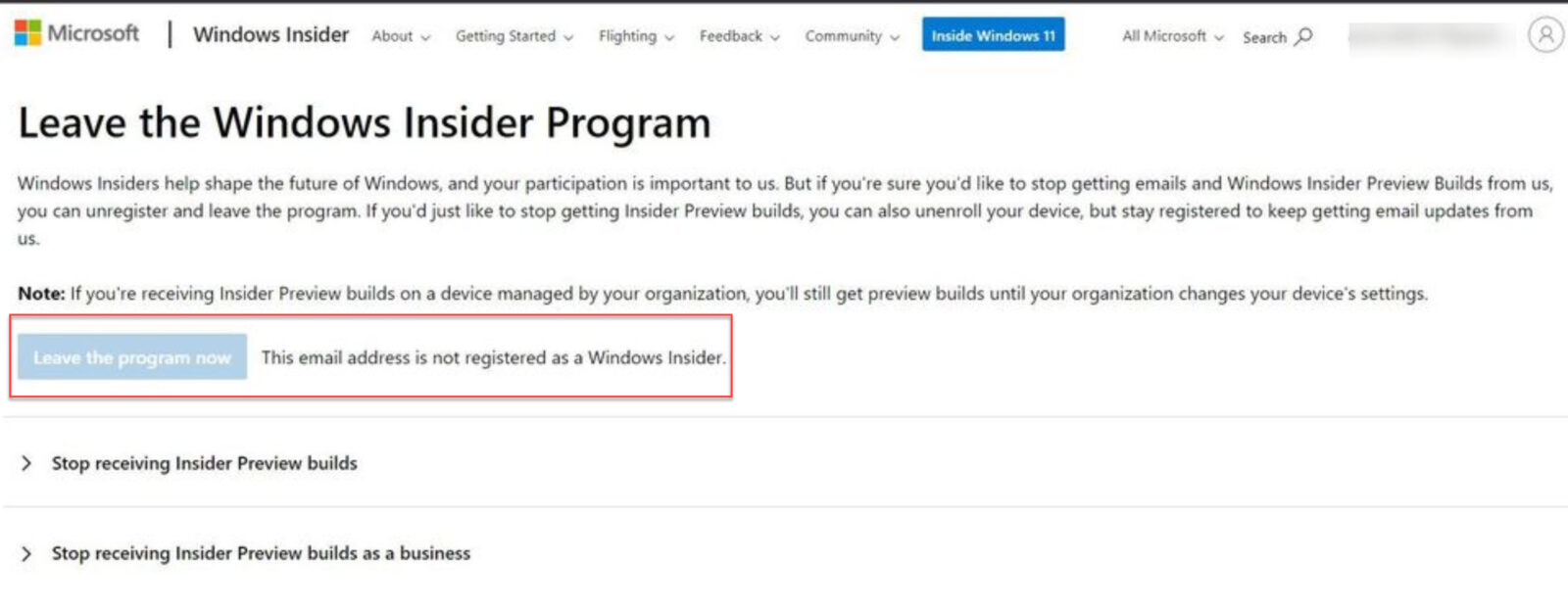 Can't leave Windows Insider Program
