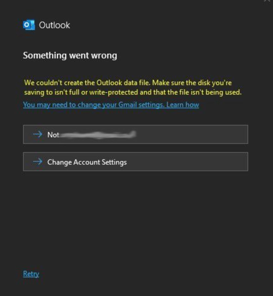 We could not create the Outlook data file