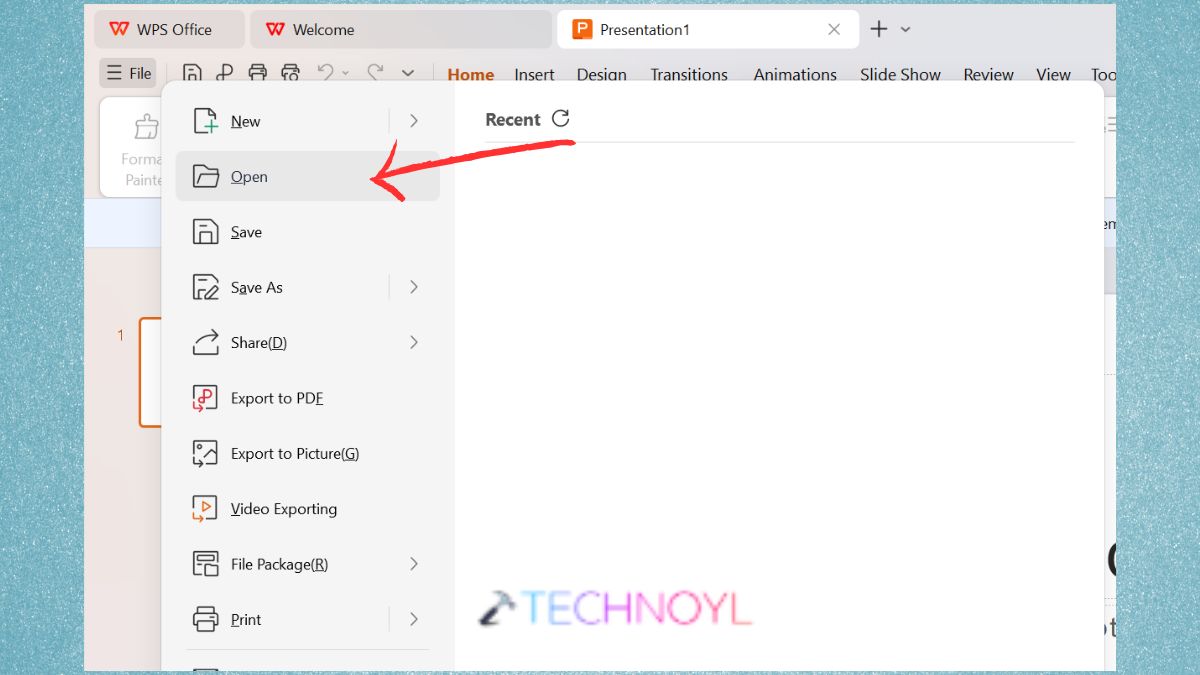 Open File option in WPS Office