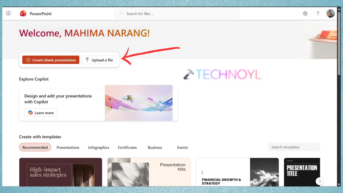Open Microsoft Powerpoint Web and Upload a file