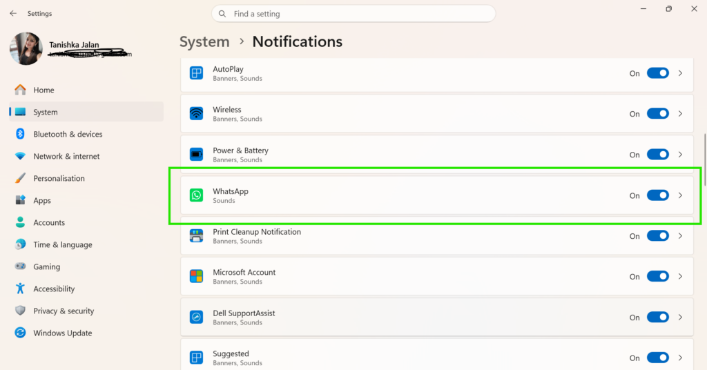 WhatsApp notifications are enabled