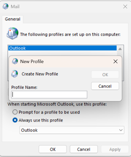 Enter a profile name To Fix Outlook keeps signing you out on Windows