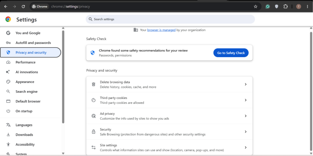 Go to Privacy and Security