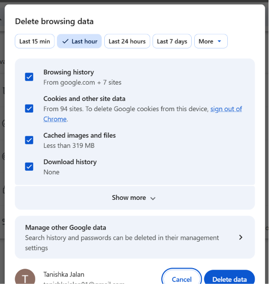 Clear cookies and cached files