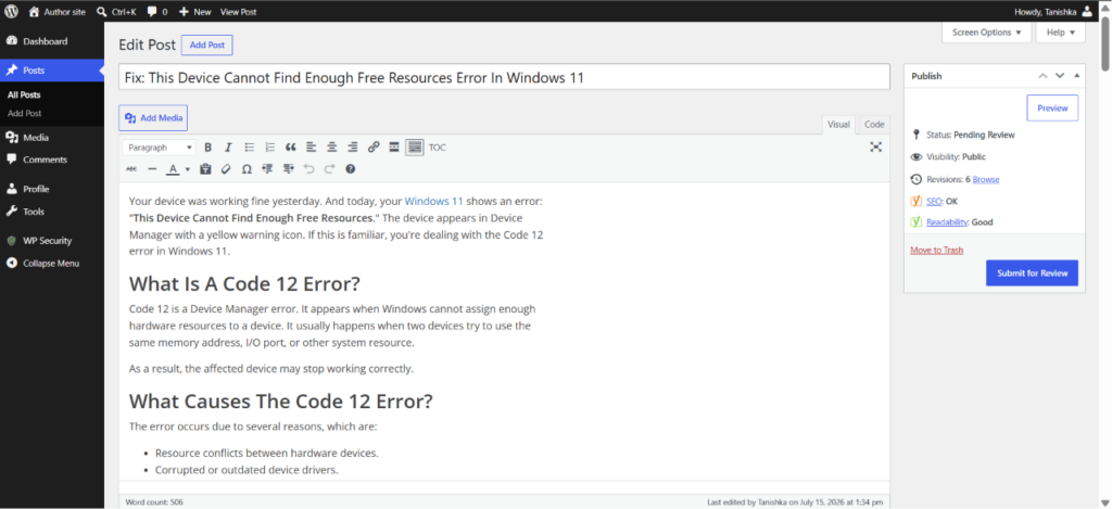 Open a post to fix WordPress revision