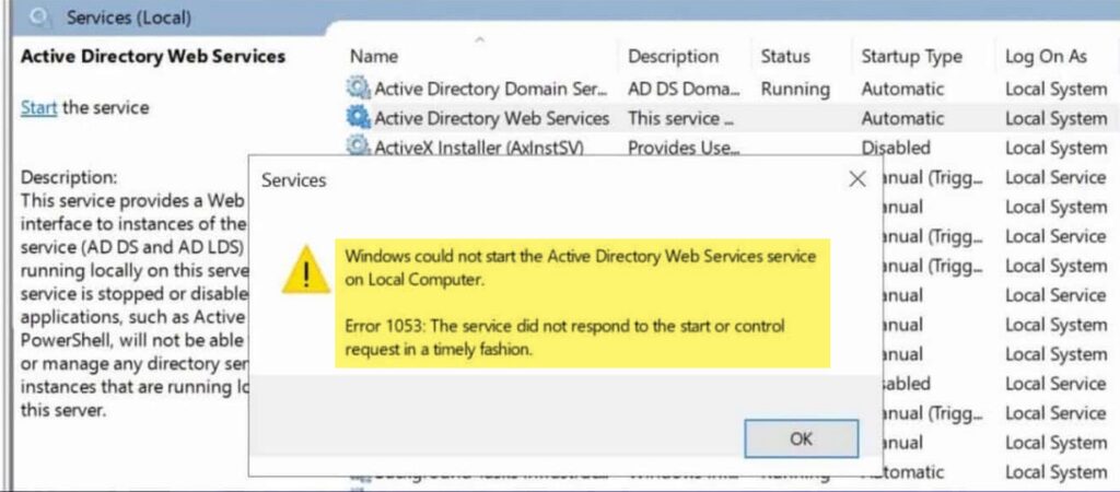 Windows could not start Active Directory Web Services